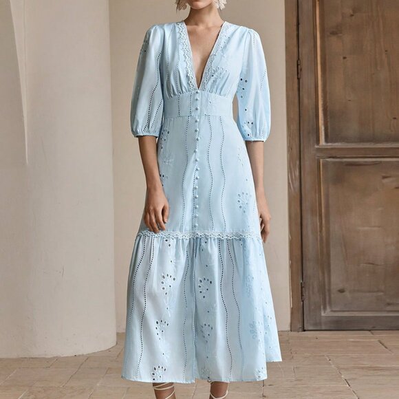 Baby Blue Elegant Women's V-Neck Slit Lace Embroidery Vacation Long Dress - Picture 7 of 7